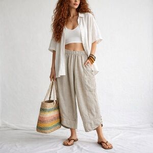 Italian Linen Boho Oversided Barrel Capri Pants